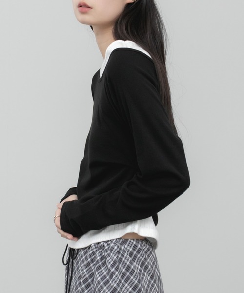 HEILIS(ヘイリス)の「レイヤード風ボートネックカットソー/ グレー ブラック カットソー トップス レイヤード ドッキング 春服 秋服 冬服 長袖 トップス 韓国 ガーリー 無地 カジュアル シンプル ノームコア(Tシャツ/カットソー・レディース・グレー/ブラック・FREE)」の13枚目の写真