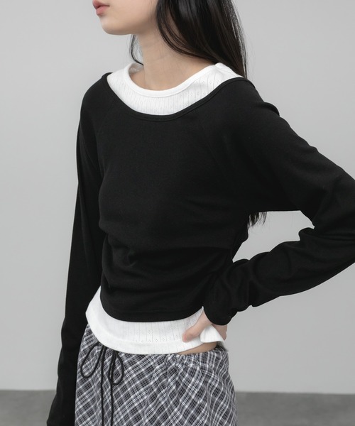 HEILIS(ヘイリス)の「レイヤード風ボートネックカットソー/ グレー ブラック カットソー トップス レイヤード ドッキング 春服 秋服 冬服 長袖 トップス 韓国 ガーリー 無地 カジュアル シンプル ノームコア(Tシャツ/カットソー・レディース・グレー/ブラック・FREE)」の20枚目の写真