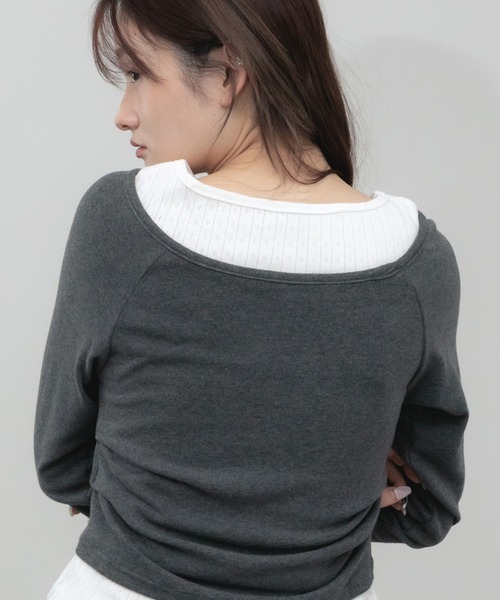 HEILIS(ヘイリス)の「レイヤード風ボートネックカットソー/ グレー ブラック カットソー トップス レイヤード ドッキング 春服 秋服 冬服 長袖 トップス 韓国 ガーリー 無地 カジュアル シンプル ノームコア(Tシャツ/カットソー・レディース・グレー/ブラック・FREE)」の11枚目の写真