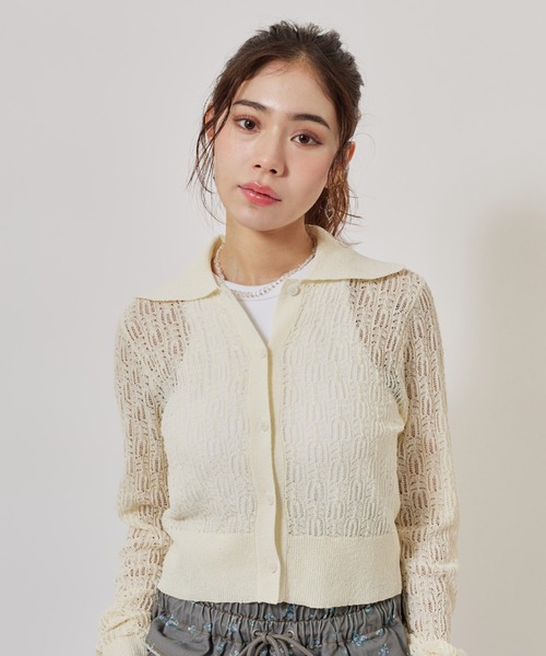 atmos pink(アトモスピンク)の「atmos pink See-Through Knit Cardigan / アトモスピンク シースルー ニット カーディガン(ニット/セーター・レディース・イエロー/ホワイト/ブラック・FREE)」の1枚目の写真