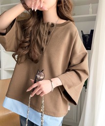 Java（ジャバ）の「《JaVaジャバコラボ》重ね着風でこなれる、ラクしておしゃれ見え。シャツコンビヘンリープルオーバー(半袖)（Tシャツ/カットソー）」