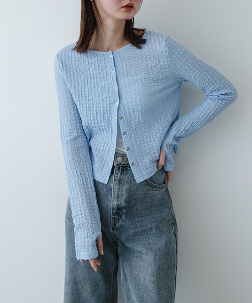 SENSE OF PLACE by URBAN RESEARCH（センスオブプレイスバイアーバンリサーチ）の「シャーリングカットカーディガン（カーディガン/ボレロ・レディース・ライトブルー/チャコールグレー/アイボリー・ONE）」の3枚目の写真