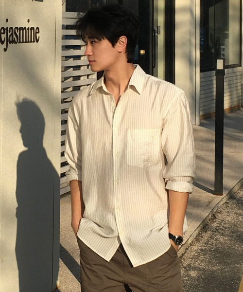 MINDBRIDGE（マインドブリッジ）の「[COUTURE]ストライプオーバーサイズデイリーシャツ - 2カラー（シャツ/ブラウス・メンズ・グレー/クリーム・100/110/95/105）」の5枚目の写真