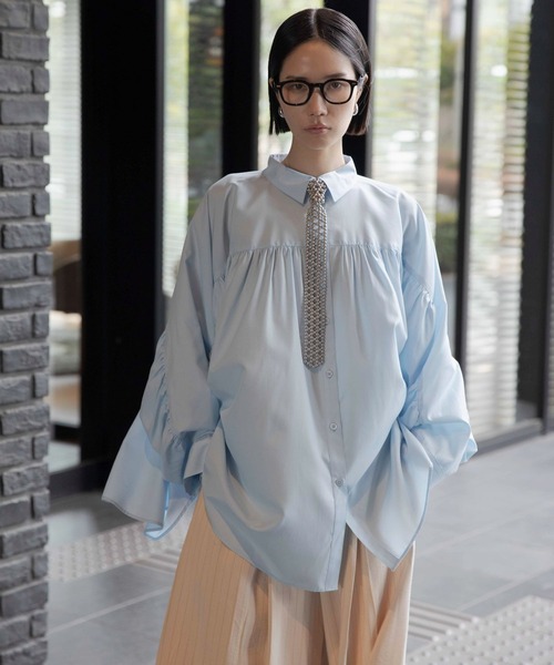 LEPSIM（レプシィム）の「《オフィスライン》ギャザースリーブブラウス　637926（シャツ/ブラウス・レディース・ストライプ/ライトブルー/オフホワイト・FREE）」の15枚目の写真