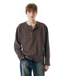SECONDMONO（セカンドモノローグ）の「Ribbed Henley Knit Long Sleeve [CHARCOAL]_SETS044CHARCOAL（Tシャツ/カットソー）」