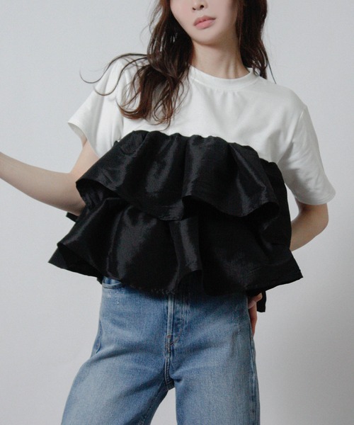 Social GIRL(ソーシャルガール)の「ナイロンドッキングフリルTシャツ 半袖Tシャツ(Tシャツ/カットソー・レディース・ホワイト×ブラック/ブラック/オフホワイト・M)」の2枚目の写真
