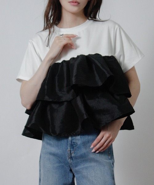 Social GIRL(ソーシャルガール)の「ナイロンドッキングフリルTシャツ 半袖Tシャツ(Tシャツ/カットソー・レディース・ホワイト×ブラック/ブラック/オフホワイト・M)」の6枚目の写真