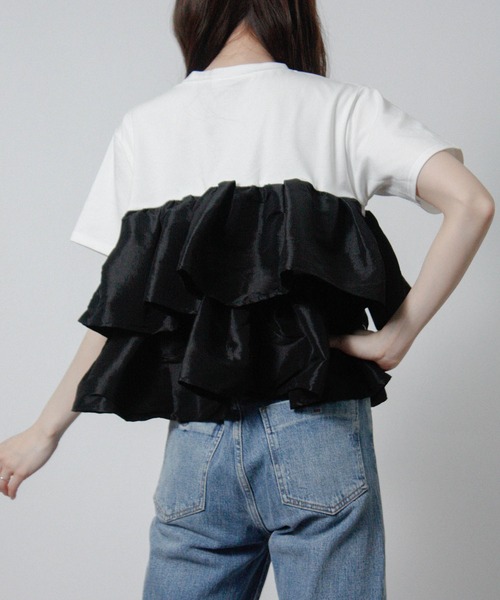 Social GIRL(ソーシャルガール)の「ナイロンドッキングフリルTシャツ 半袖Tシャツ(Tシャツ/カットソー・レディース・ホワイト×ブラック/ブラック/オフホワイト・M)」の8枚目の写真