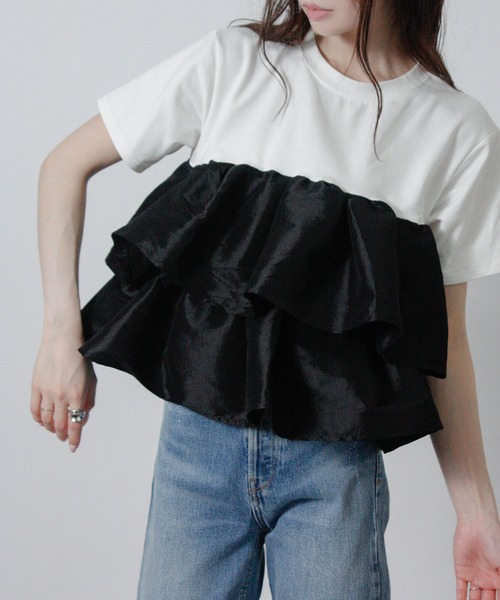 Social GIRL(ソーシャルガール)の「ナイロンドッキングフリルTシャツ 半袖Tシャツ(Tシャツ/カットソー・レディース・ホワイト×ブラック/ブラック/オフホワイト・M)」の10枚目の写真