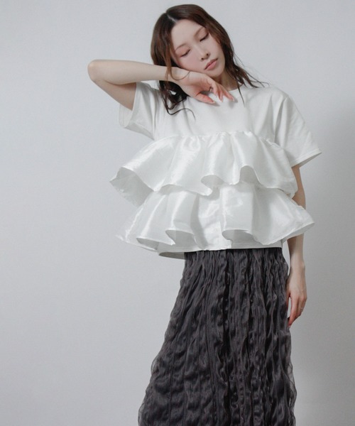 Social GIRL(ソーシャルガール)の「ナイロンドッキングフリルTシャツ 半袖Tシャツ(Tシャツ/カットソー・レディース・ホワイト×ブラック/ブラック/オフホワイト・M)」の14枚目の写真
