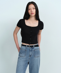 MUSINSA STANDARD WOMAN | ウィメンズスリムクロップスクエアネックボタンTシャツ[ブラック](Tシャツ/カットソー)