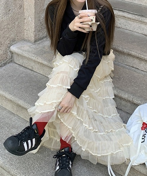 Kuroba(クロバ)の「ティアードシアーロングスカート(スカート・レディース・オフホワイト/ブラック・FREE)」の2枚目の写真