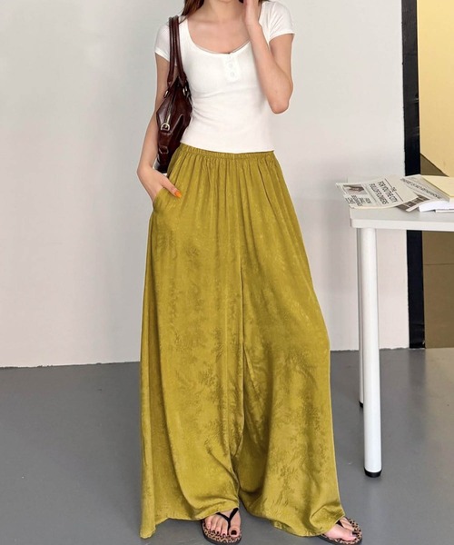 LOWO(ロワ)の「フラワージャガードイージーパンツ ウエストゴム フレア ワイドパンツ リラックスパンツ(その他パンツ・レディース・ブルー/ライトグリーン/グリーン/ブラック/イエロー/ベージュ・FREE)」の14枚目の写真