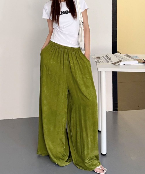 LOWO(ロワ)の「フラワージャガードイージーパンツ ウエストゴム フレア ワイドパンツ リラックスパンツ(その他パンツ・レディース・ブルー/ライトグリーン/グリーン/ブラック/イエロー/ベージュ・FREE)」の9枚目の写真