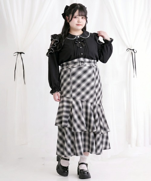 DearMyLoveWhip（ディアマイラブホイップ）の「【4Lー6L】スリット入りアシメフリルマーメイドスカート（スカート・レディース・ブラック/チェック/ブラック×ホワイト・4L～5L/5L～6L）」の13枚目の写真