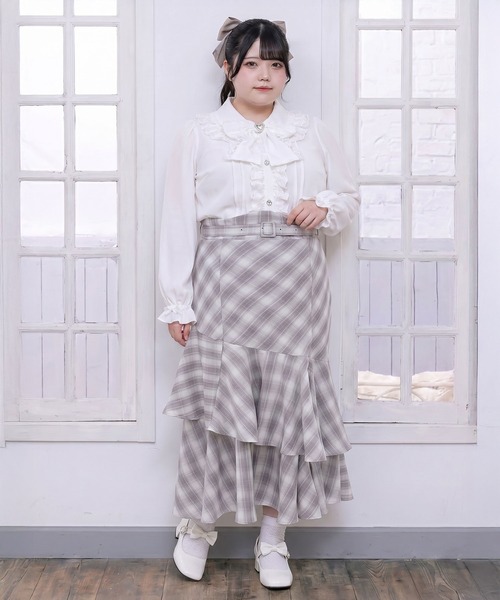DearMyLoveWhip（ディアマイラブホイップ）の「【4Lー6L】スリット入りアシメフリルマーメイドスカート（スカート・レディース・ブラック/チェック/ブラック×ホワイト・4L～5L/5L～6L）」の4枚目の写真