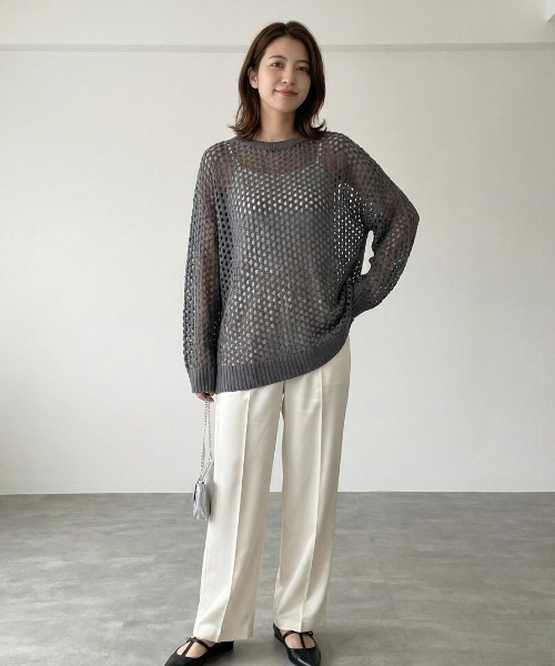 Belle Cie(ベルシー)の「サマーニット×透かし編みメッシュ|ゆるオーバーサイズ長袖ニットトップス(その他トップス・レディース・ブラック/グレー/カーキ/ホワイト・FREE)」の3枚目の写真