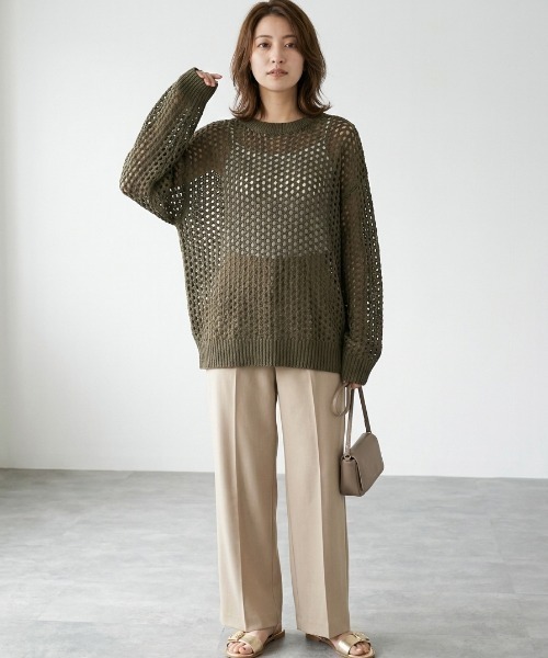 Belle Cie(ベルシー)の「サマーニット×透かし編みメッシュ|ゆるオーバーサイズ長袖ニットトップス(その他トップス・レディース・ブラック/グレー/カーキ/ホワイト・FREE)」の7枚目の写真