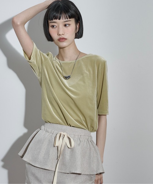 THE YOn(ザヨン)の「2WAYシアーベロアハーフスリーブカーデ(Tシャツ/カットソー・レディース・ダークブラウン/アイボリー/ライム・FREE)」の9枚目の写真