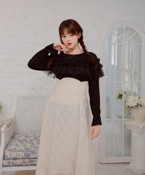 Anely(アネリー)の「ショルダーリボン フリルボウタイロングワンピース(ワンピース・レディース・ピンク/アイボリー/ブラック・FREE)」の6枚目の写真