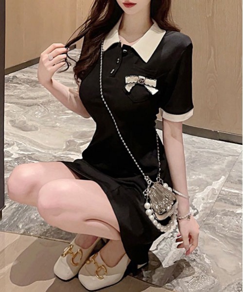 &soiree(アンドソワレ)の「バイカラーリボン付き半袖ミニワンピース(ワンピース・レディース・ブラック・X-LARGE/LARGE/MEDIUM/SMALL)」の5枚目の写真