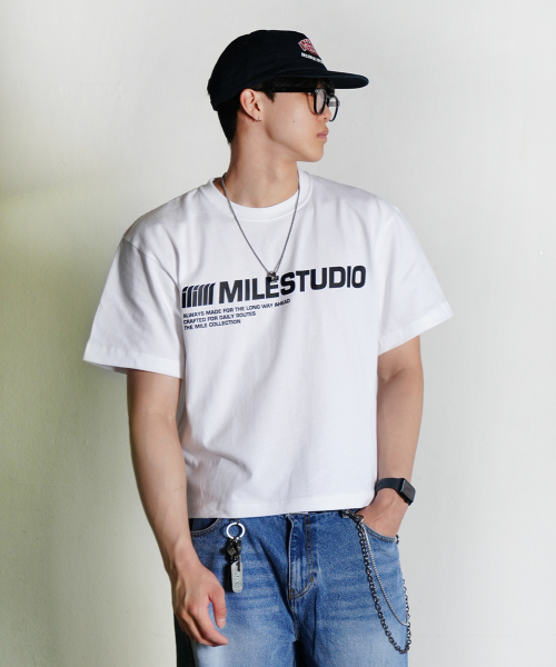THE MILE(ザマイル)の「ガーメンツ クロップ マイルスタジオ クルーネック_WHITE(Tシャツ/カットソー・メンズ・その他・SMALL/MEDIUM/LARGE/X-LARGE)」の1枚目の写真