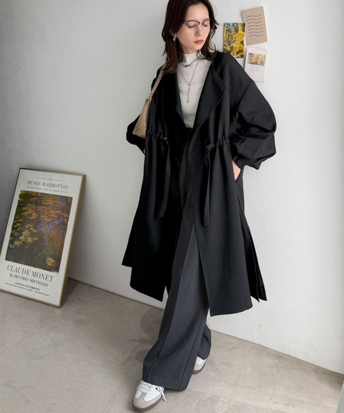 classicalelf(クラシカルエルフ)の「ゆるっと羽織って、すっきり魅せ。ノーカラードロスト使いボリュームスリーブロングコート(ロング丈)(ノーカラーコート・レディース・ブラック/モカ/ネイビー・X-LARGE/SMALL/MEDIUM/LARGE)」の7枚目の写真
