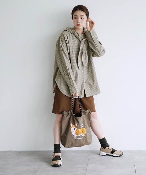 e-zakkamania stores(イーザッカマニアストアーズ)の「スカーフ付 チェック フーディーBIGシャツ(シャツ/ブラウス・レディース・ブラック/ベージュ・フリー)」の21枚目の写真