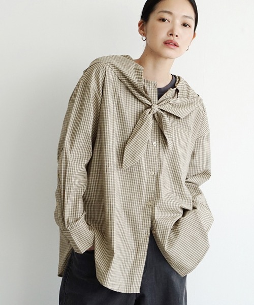 e-zakkamania stores(イーザッカマニアストアーズ)の「スカーフ付 チェック フーディーBIGシャツ(シャツ/ブラウス・レディース・ブラック/ベージュ・フリー)」の12枚目の写真