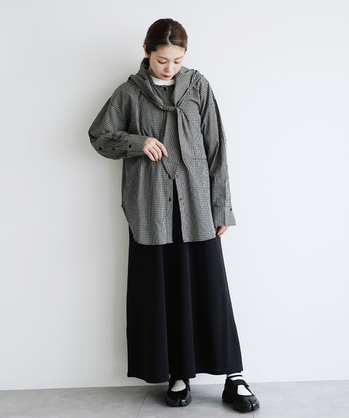e-zakkamania stores(イーザッカマニアストアーズ)の「スカーフ付 チェック フーディーBIGシャツ(シャツ/ブラウス・レディース・ブラック/ベージュ・フリー)」の14枚目の写真