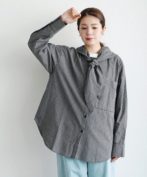 e-zakkamania stores(イーザッカマニアストアーズ)の「スカーフ付 チェック フーディーBIGシャツ(シャツ/ブラウス・レディース・ブラック/ベージュ・フリー)」の7枚目の写真