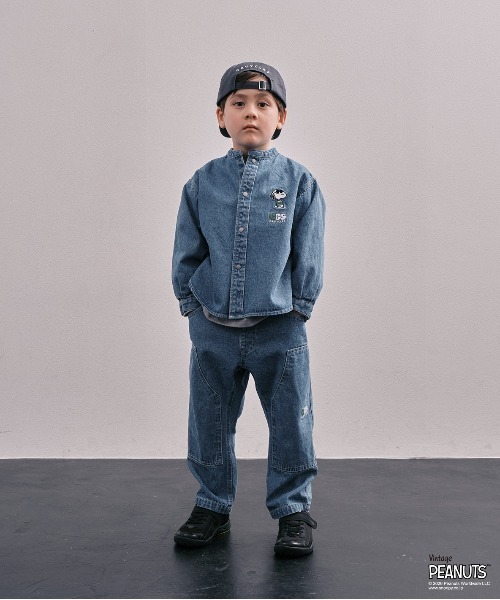 GROOVY COLORS(グルービーカラーズ)の「8oz Denim SNOOPY Work Pants(デニムパンツ・キッズ・ネイビー/ブルー・125cm/115cm)」の1枚目の写真