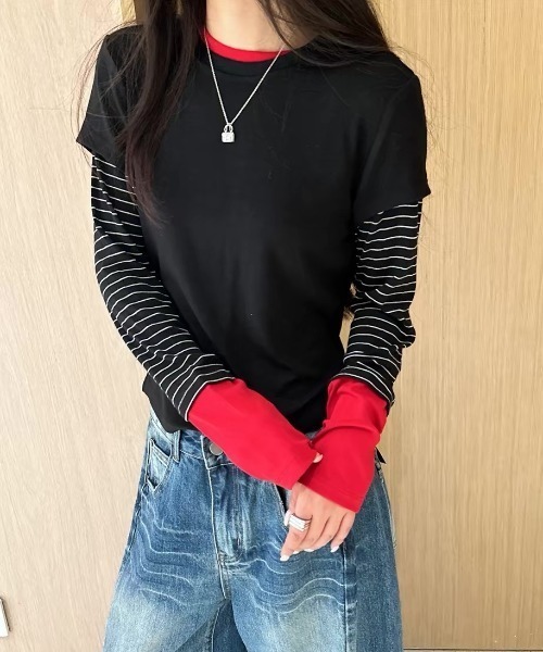 Vipoa(ヴィポア)の「Striped contrast layer tops(Tシャツ/カットソー・レディース・ブラック・FREE)」の1枚目の写真