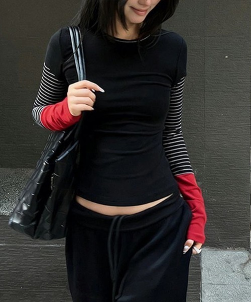 Vipoa(ヴィポア)の「Striped contrast layer tops(Tシャツ/カットソー・レディース・ブラック・FREE)」の5枚目の写真