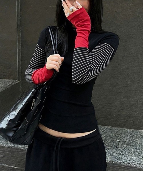 Vipoa(ヴィポア)の「Striped contrast layer tops(Tシャツ/カットソー・レディース・ブラック・FREE)」の3枚目の写真