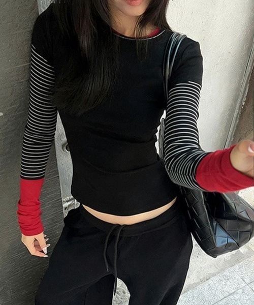 Vipoa(ヴィポア)の「Striped contrast layer tops(Tシャツ/カットソー・レディース・ブラック・FREE)」の2枚目の写真