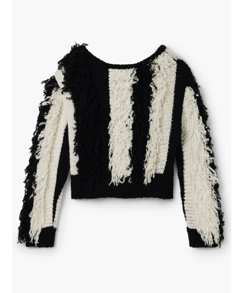 Desigual(デシグアル)の「Striped fringe crop sweater / ストライプフリンジクロップセーター(ニット/セーター・レディース・ブラック・L/S)」の1枚目の写真