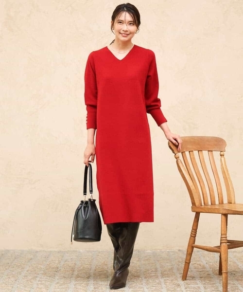 MK MICHEL KLEIN（エムケーミッシェルクラン）の「[洗える]Vネックニットワンピース（ワンピース・レディース・レッド/グレー・38）」の8枚目の写真