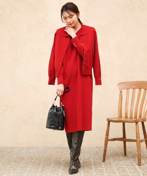 MK MICHEL KLEIN（エムケーミッシェルクラン）の「[洗える]Vネックニットワンピース（ワンピース・レディース・レッド/グレー・38）」の12枚目の写真