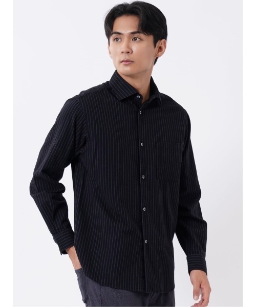 TAKA-Q(タカキュー)の「シャツ メンズ 長袖 ワイドカラー 起毛 ストライプ 綿 コットン アムンゼン ややゆったり 胸ポケット(シャツ/ブラウス・メンズ・ネイビー/ホワイト・MEDIUM/LARGE/X-LARGE)」の2枚目の写真