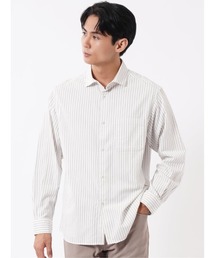 シャツ メンズ 長袖 ワイドカラー 起毛 ストライプ 綿 コットン アムンゼン ややゆったり 胸ポケット