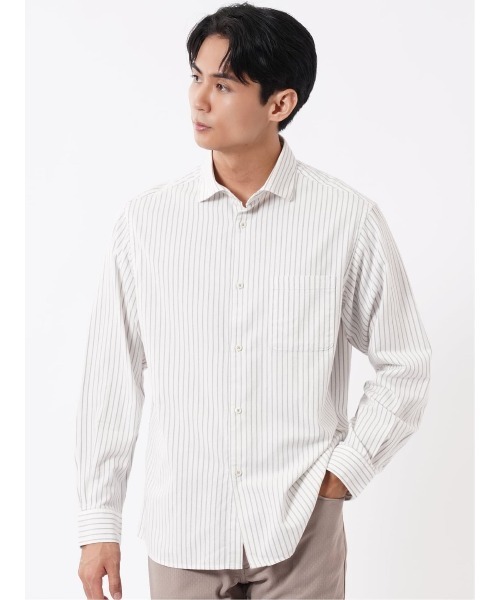 TAKA-Q(タカキュー)の「シャツ メンズ 長袖 ワイドカラー 起毛 ストライプ 綿 コットン アムンゼン ややゆったり 胸ポケット(シャツ/ブラウス・メンズ・ネイビー/ホワイト・MEDIUM/LARGE/X-LARGE)」の1枚目の写真