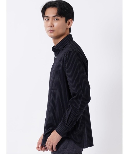 TAKA-Q(タカキュー)の「シャツ メンズ 長袖 ワイドカラー 起毛 ストライプ 綿 コットン アムンゼン ややゆったり 胸ポケット(シャツ/ブラウス・メンズ・ネイビー/ホワイト・MEDIUM/LARGE/X-LARGE)」の15枚目の写真