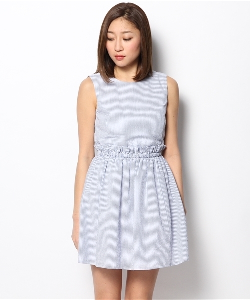 Ray BEAMS(レイビームス)の「◎○Ray BEAMS / サッカーストライプ ギャザーワンピース(ワンピース・レディース・ホワイト/ブルー系その他・0/1)」の3枚目の写真