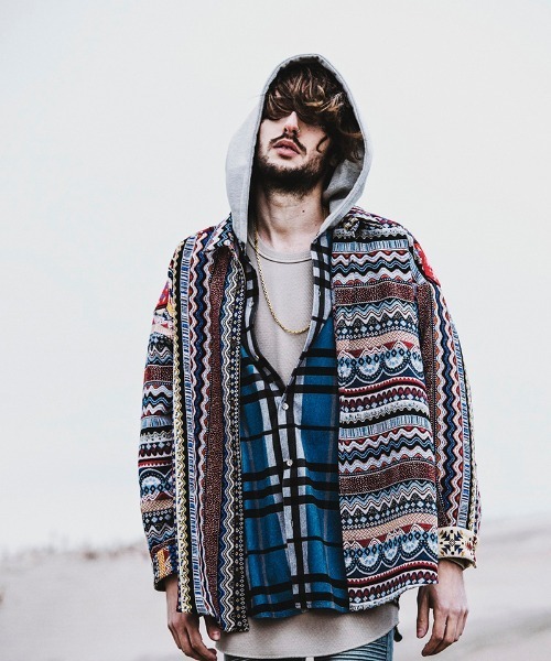 NO ID.（ノーアイディ）の「ms4367-クレイジー切替ＢＩＧゴブランＳＨ シャツ（シャツ/ブラウス・メンズ・レッド系その他/ブラック/ネイビー・ONE SIZE）」の12枚目の写真