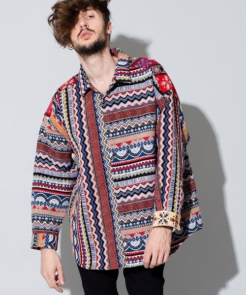 NO ID.（ノーアイディ）の「ms4367-クレイジー切替ＢＩＧゴブランＳＨ シャツ（シャツ/ブラウス・メンズ・レッド系その他/ブラック/ネイビー・ONE SIZE）」の21枚目の写真