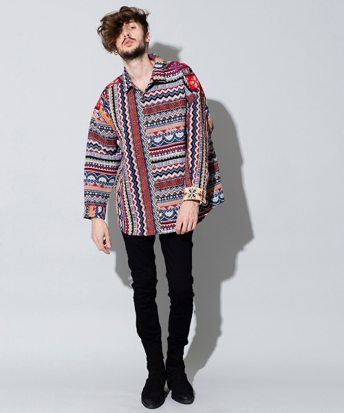 NO ID.（ノーアイディ）の「ms4367-クレイジー切替ＢＩＧゴブランＳＨ シャツ（シャツ/ブラウス・メンズ・レッド系その他/ブラック/ネイビー・ONE SIZE）」の22枚目の写真