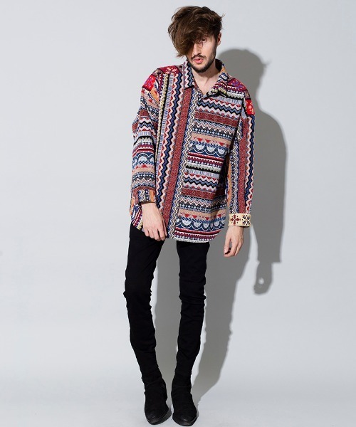 NO ID.（ノーアイディ）の「ms4367-クレイジー切替ＢＩＧゴブランＳＨ シャツ（シャツ/ブラウス・メンズ・レッド系その他/ブラック/ネイビー・ONE SIZE）」の9枚目の写真