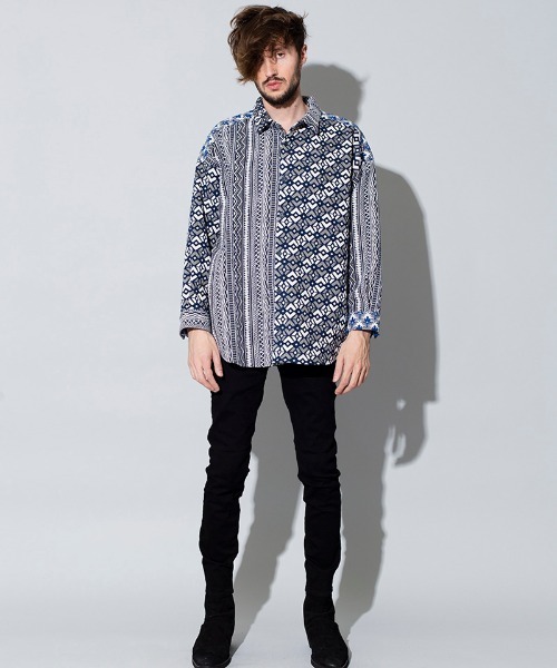 NO ID.（ノーアイディ）の「ms4367-クレイジー切替ＢＩＧゴブランＳＨ シャツ（シャツ/ブラウス・メンズ・レッド系その他/ブラック/ネイビー・ONE SIZE）」の11枚目の写真