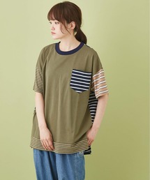 CUBE SUGAR（キューブシュガー）の「無地 × ボーダー 組合せ 切替 ビッグＴシャツ（Tシャツ/カットソー）」
